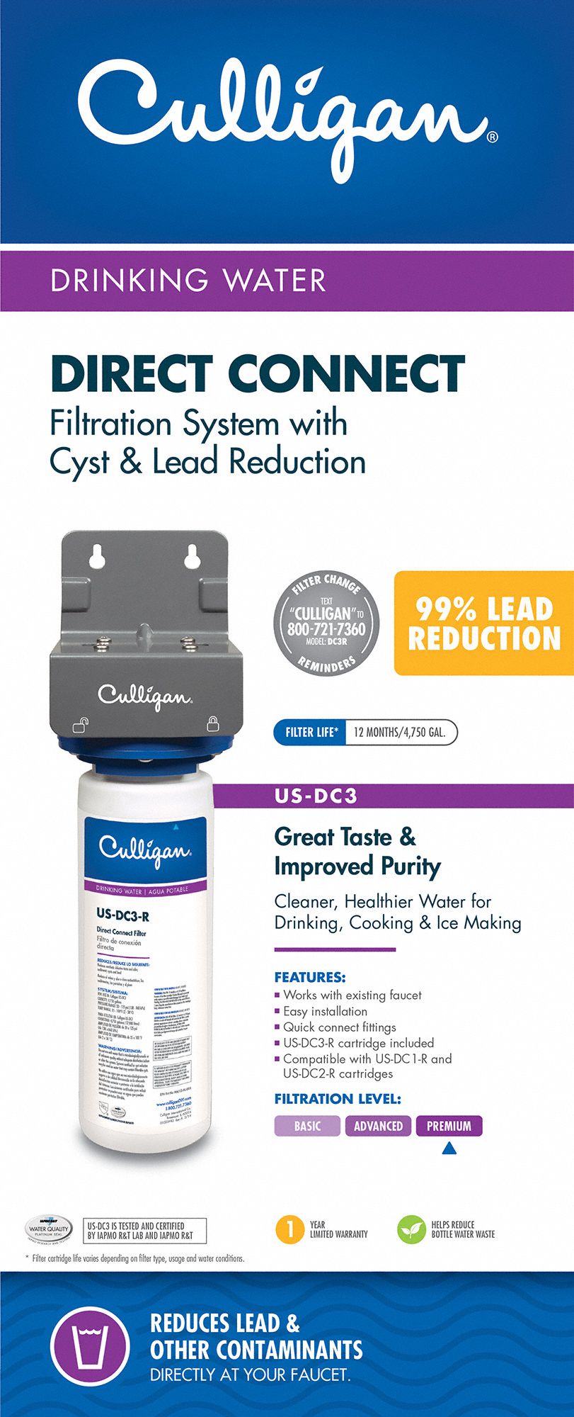 CULLIGAN Water Filter System: 0.5 micron, 1.5 gpm, 4,750 gal, 15 1/2 in ...