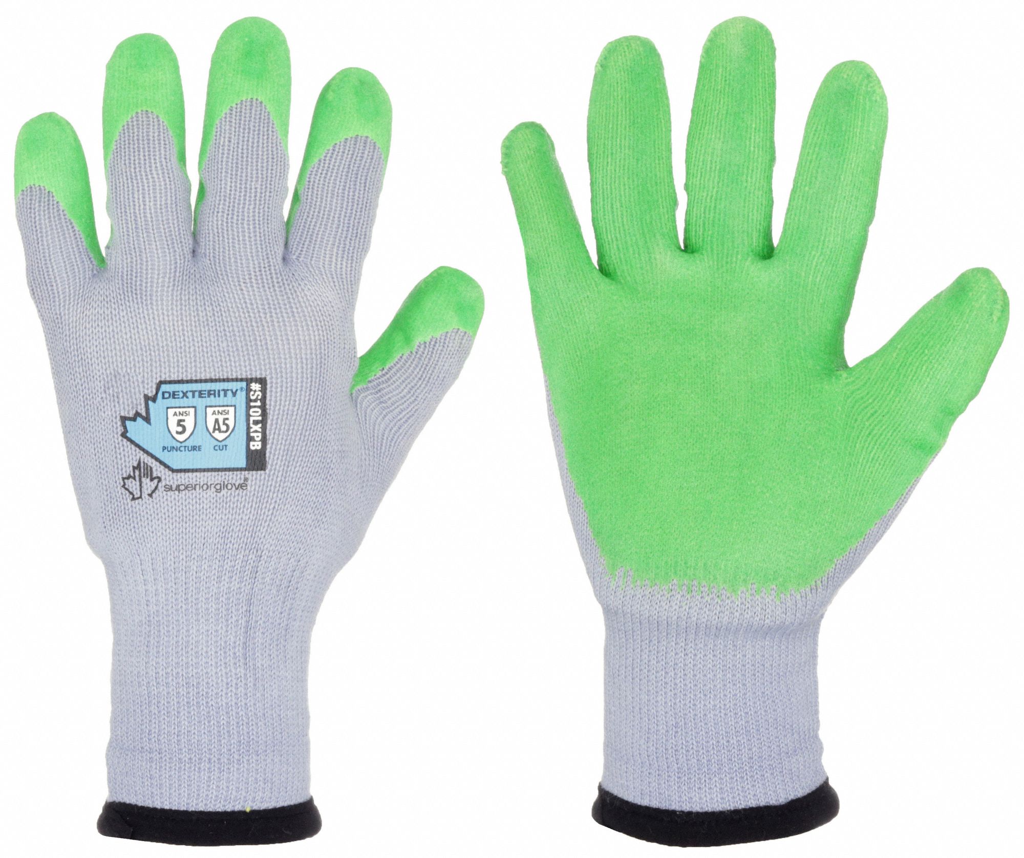 CUT-RESISTANT GLOVES, SZ S/7, CUT LEVEL A5, GRN/WHITE, RUBBER LATEX/PUNKBAN/KEVLAR