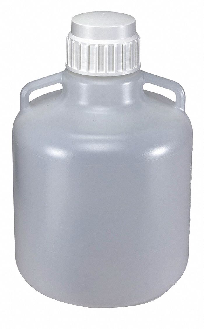 Carboy: 10 L Capacity - mL, 2.64 gal Capacity - oz, Screw On, LDPE, Integral Shoulder Handle, Clear