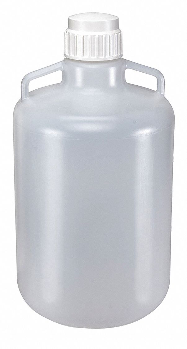 Carboy: 20 L Capacity - mL, 5.28 gal Capacity - oz, Screw On, LDPE, Integral Shoulder Handle, Clear