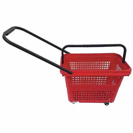 Rolling Hand Basket: 22 7/8 in x 13 3/8 in x 14 1/8 in, Polypropylene, Red