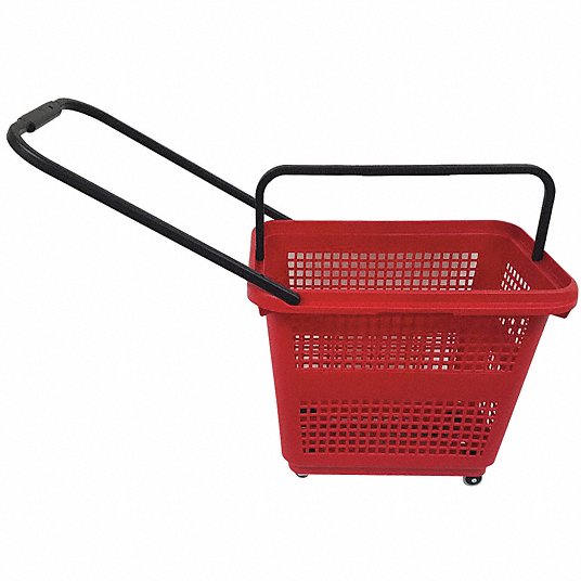 Rolling Hand Basket: 22 7/8 in x 15 3/4 in x 18 1/2 in, Polypropylene, Red