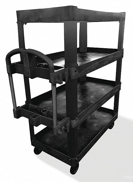 Utility Cart with Lipped Plastic Shelves: 700 lb Load Capacity, Black
