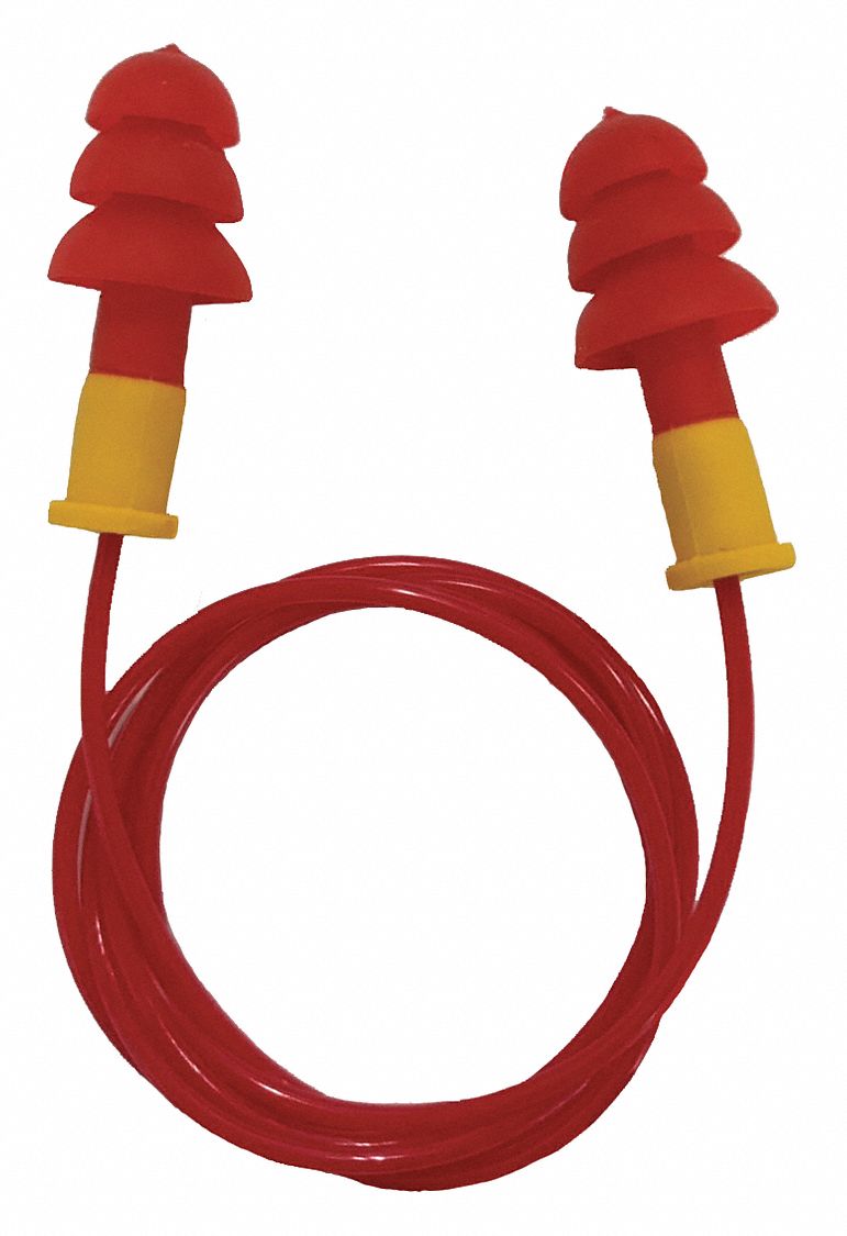 EARPLUGS, REUSABLE, RED, TPE/PVC, UNIVERSAL, FLANGED, 27DB, CORDED, PUSH-IN, 100PR