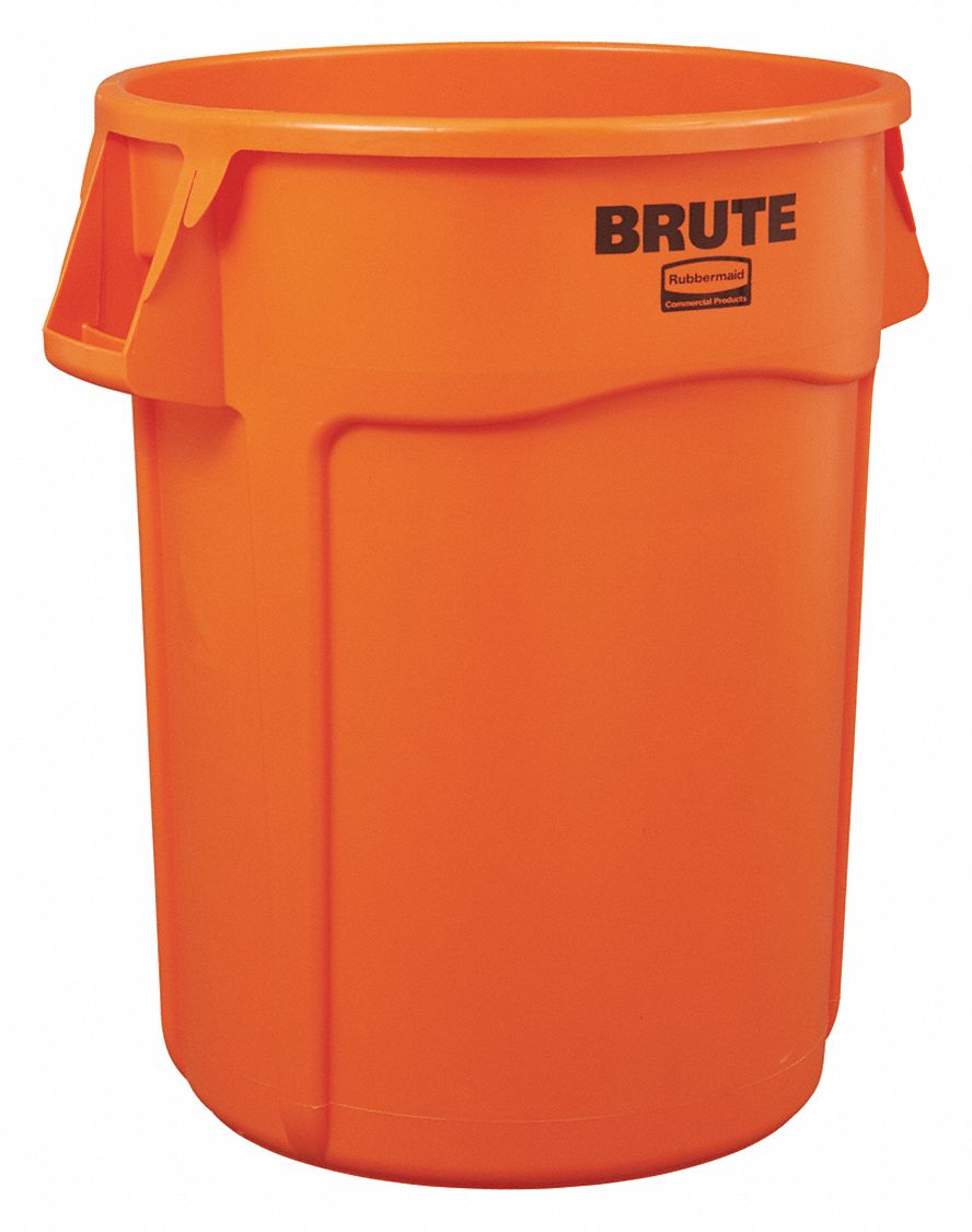 RUBBERMAID COMMERCIAL PRODUCTS 32 gal Round Trash Can, Plastic, Orange