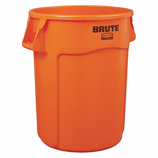RUBBERMAID COMMERCIAL PRODUCTS Trash Can: Round, Orange, 32 gal Capacity,  22 in Wd/Dia, 28 in Dp