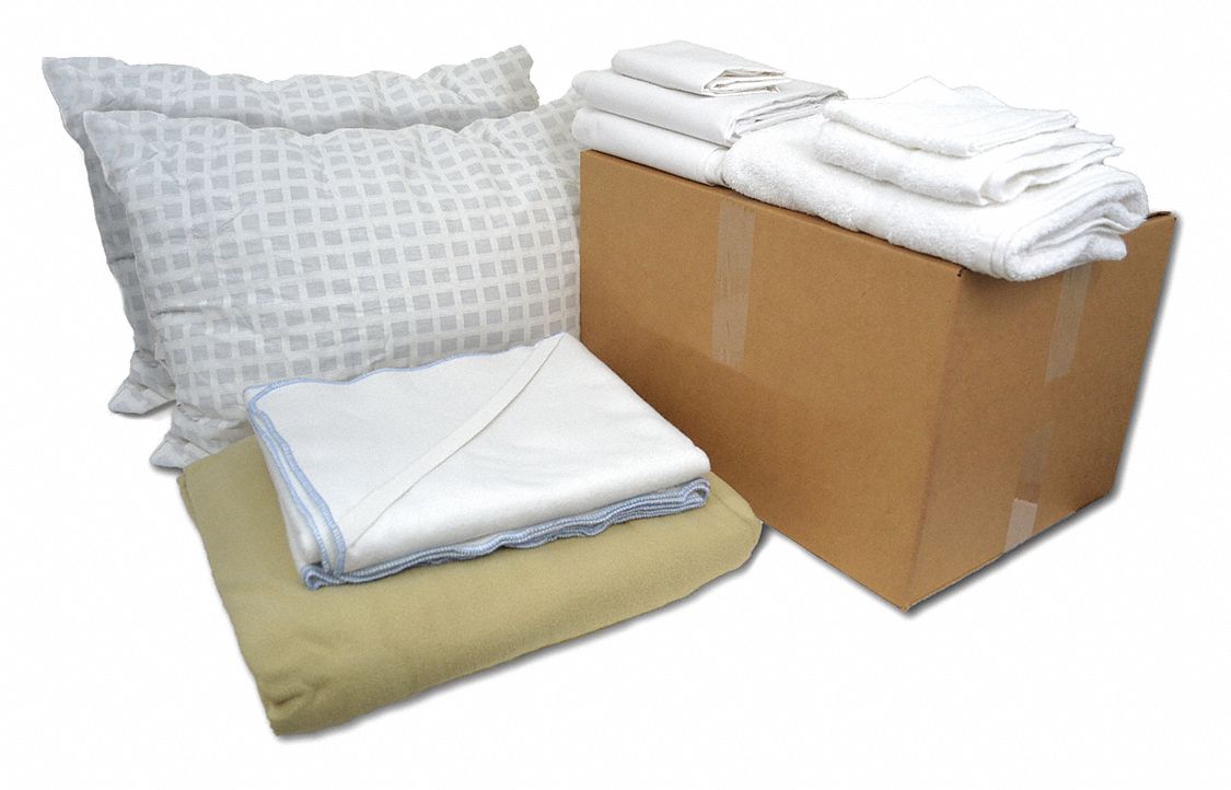 Bedding and Bath Kit: Dorm/Emergency Shelter/Housing, Full, Fleece, Beige/White