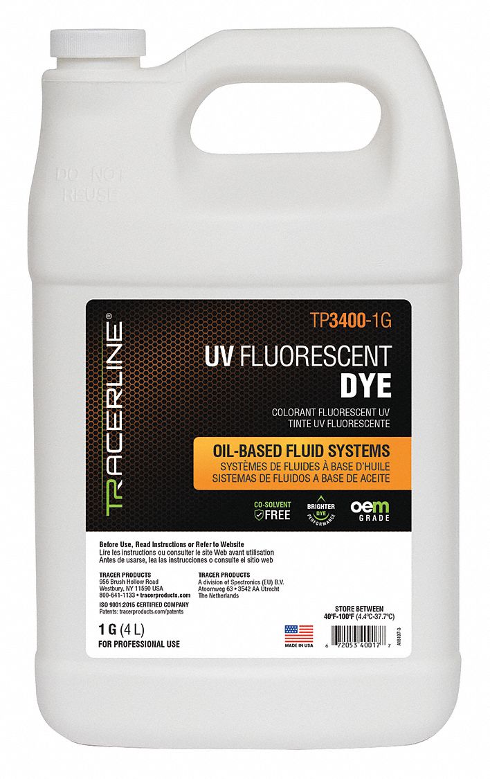 TRACERLINE, Leak Detection Dye, OilBased Fluids, Leak Detection Dye 55NP46TP34001G Grainger