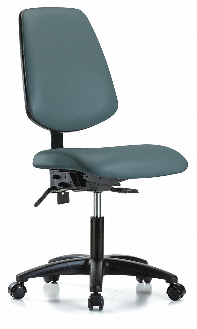 Cleanroom Chair: Vinyl, Armless, Ht Range 19 in to 24 in, 18 1/2 in Seat Wd, 17 in Seat Dp, Blue