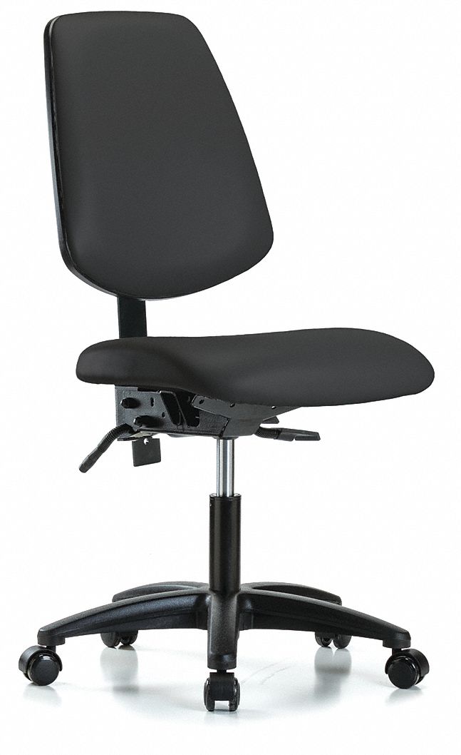 Cleanroom Chair: Vinyl, Armless, Ht Range 19 in to 24 in, 18 1/2 in Seat Wd, 17 in Seat Dp, Black