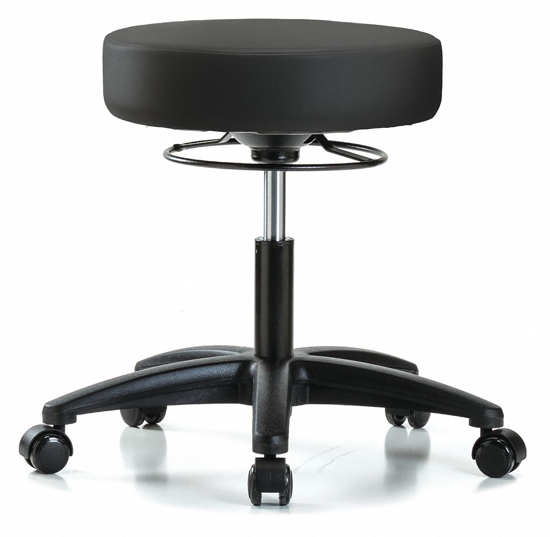 ESD Cleanroom Stool: Vinyl, Ht Range 18 in to 23 in, 17 in Seat Wd, 17 in Seat Dp, 5 Glides, Black