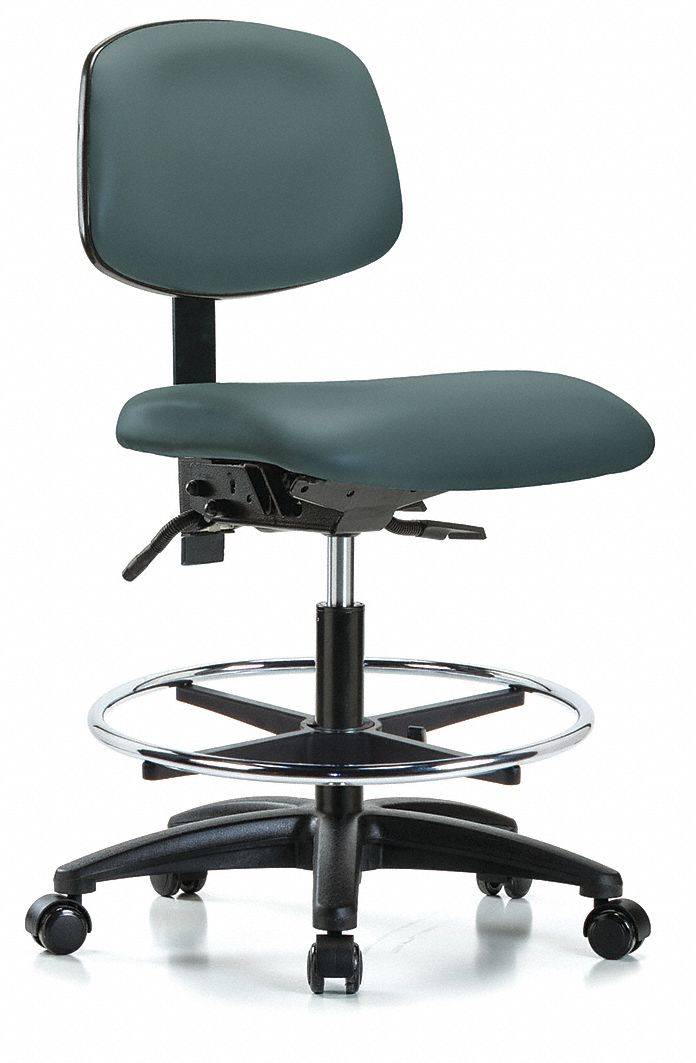 Cleanroom Chair: Vinyl, Armless, Ht Range 22 in to 29 in, 18 1/2 in Seat Wd, 17 in Seat Dp, Blue