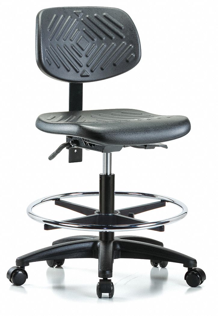 Cleanroom Chair: Polyurethane, Armless, Ht Range 19 1/2 in to 27 1/2 in, 16 in Seat Wd, 5 Casters