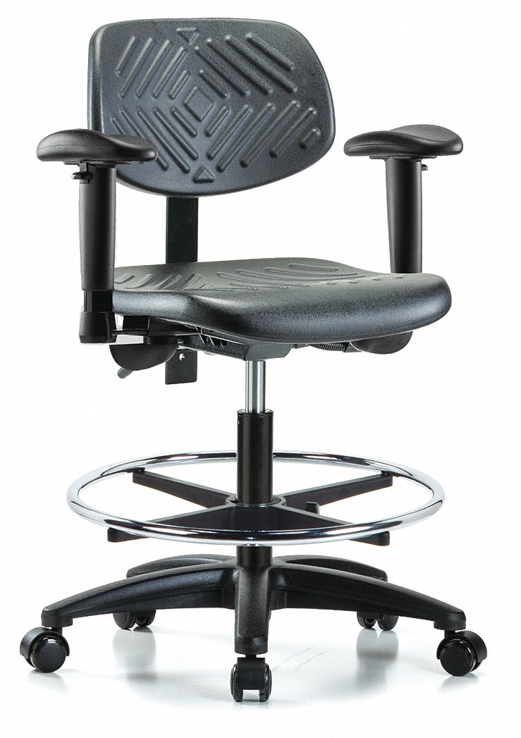 Cleanroom Chair: Polyurethane, Arms Included, Ht Range 19 1/2 in to 27 1/2 in, 16 in Seat Wd, Adj