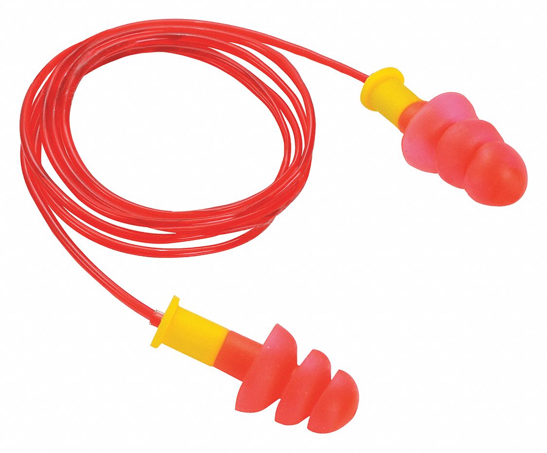 CONDOR Ear Plugs Flanged, 25 dB NRR, Gen Purpose, Corded, Reusable, PushIn, Red/Yellow, 50 PK
