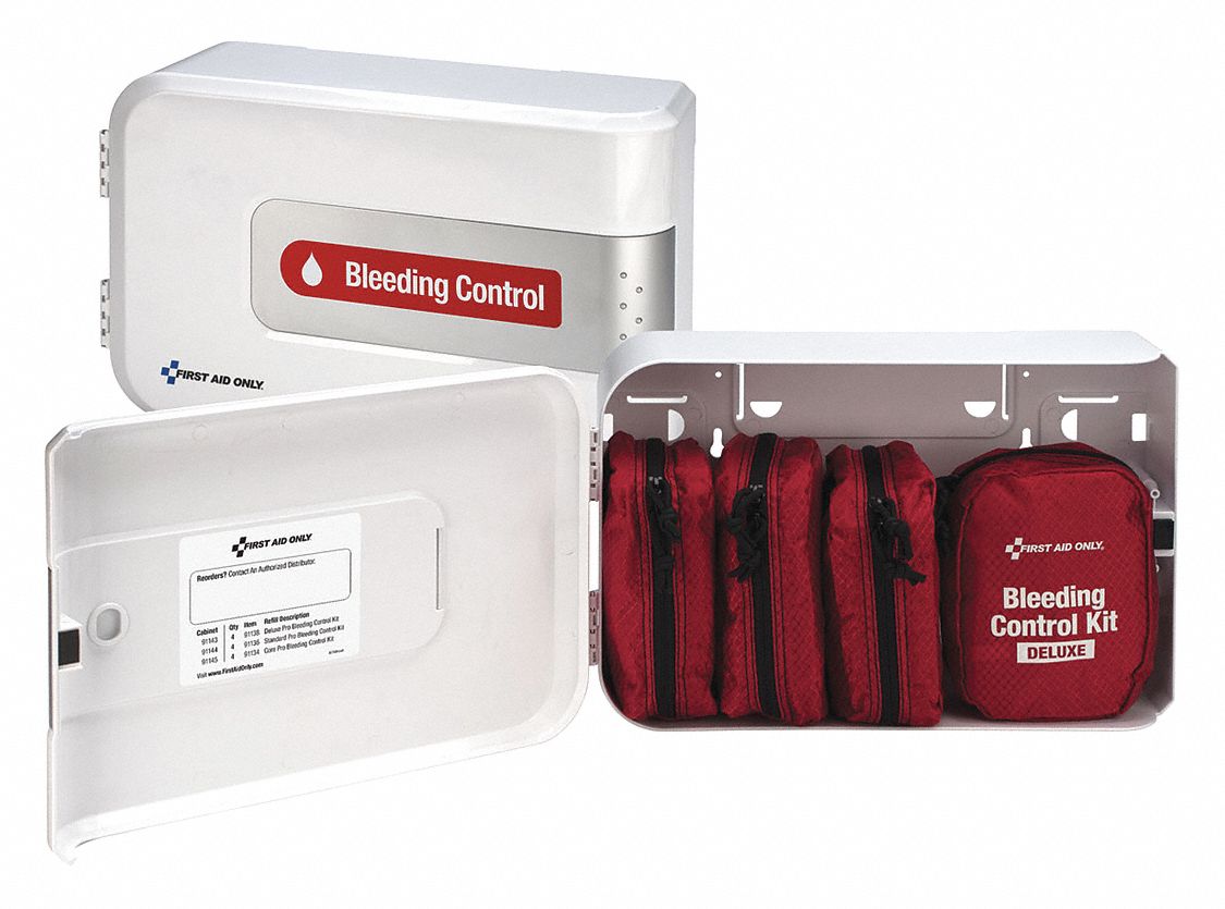 Bleeding Control Kit: Plastic Cabinet, 4 People Served, 64 Components, 0 Pockets