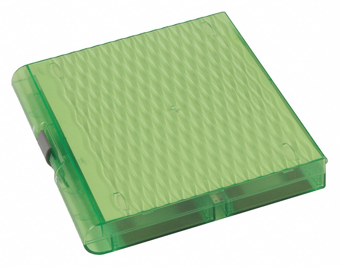 Slide Box: Plastic, 8.2 in Overall Lg, 7.7 in Overall Wd, Green, (100) 76 x 26 mm, 100 Compartments