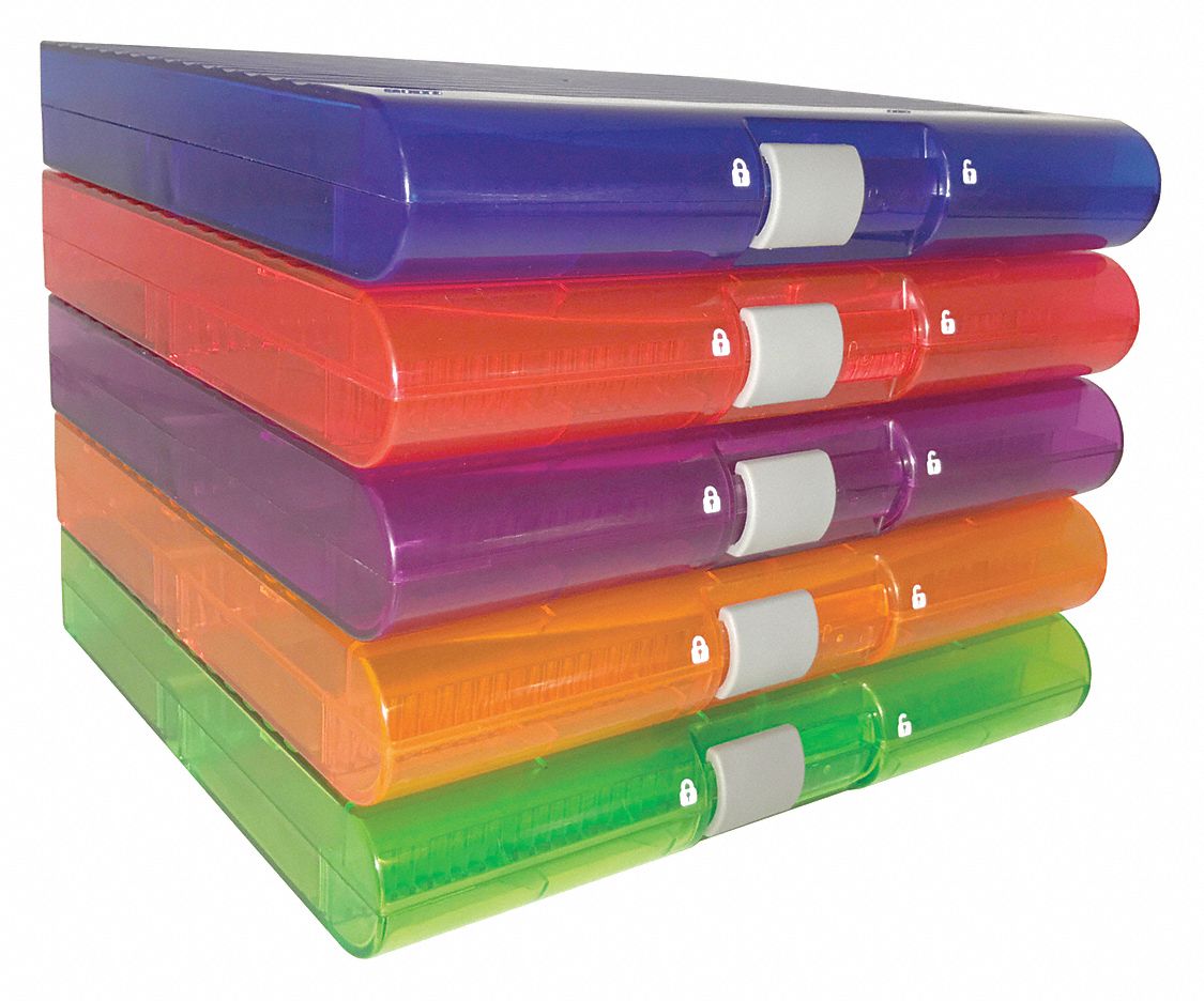 Slide Box: Plastic, 8.2 in Overall Lg, 7.7 in Overall Wd, Blue/Green/Purple/Orange/Red