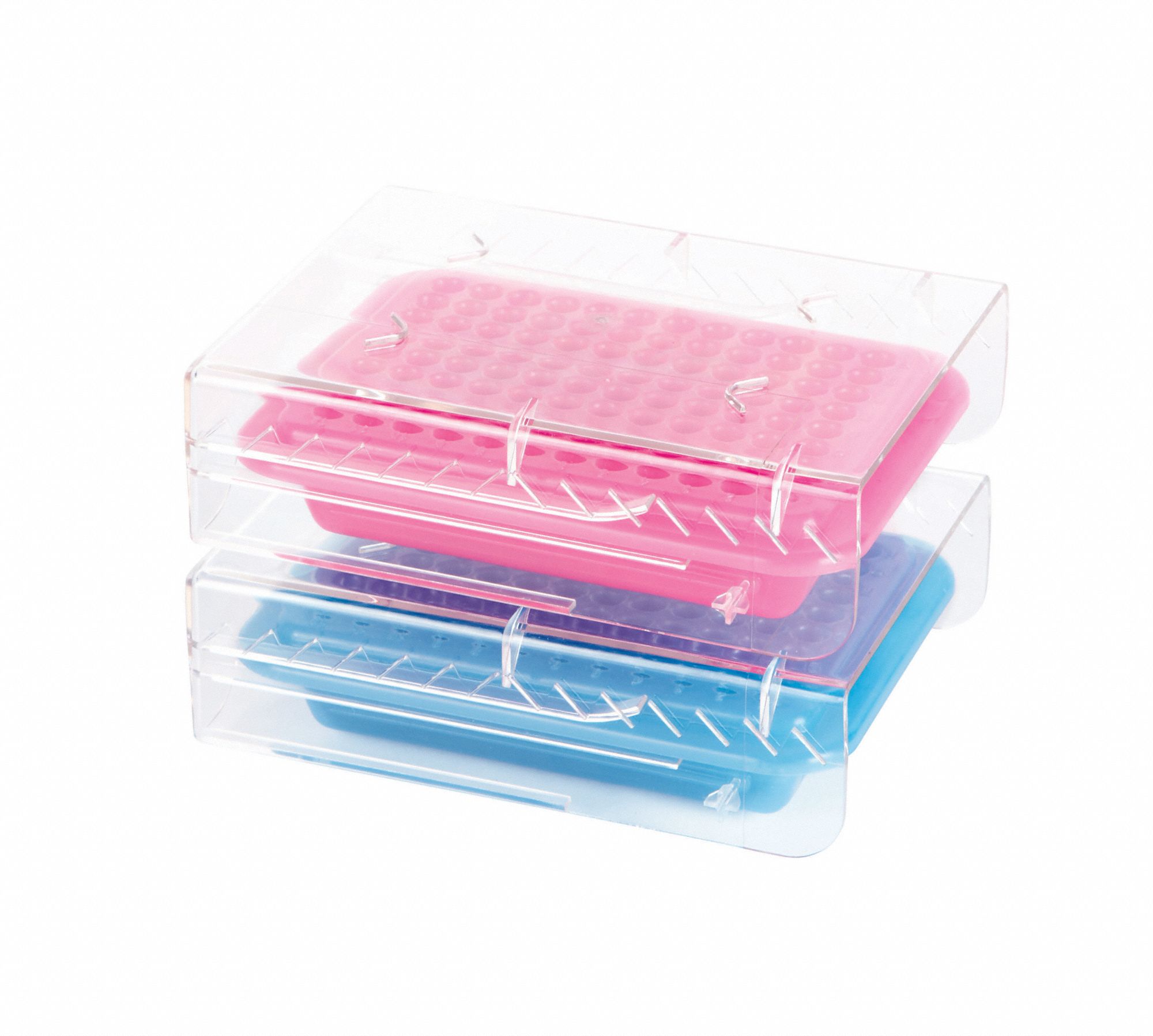 Tube Rack: Polycarbonate (Lid)/Polypropylene (Cooler), Blue/Pink, (96) Wells, 96 Compartments