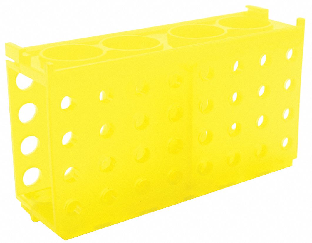 Tube Rack: 2 1/8 in Overall Wd, 3 3/4 in Overall Ht, 6 7/8 in Overall Lg, Polypropylene, Yellow