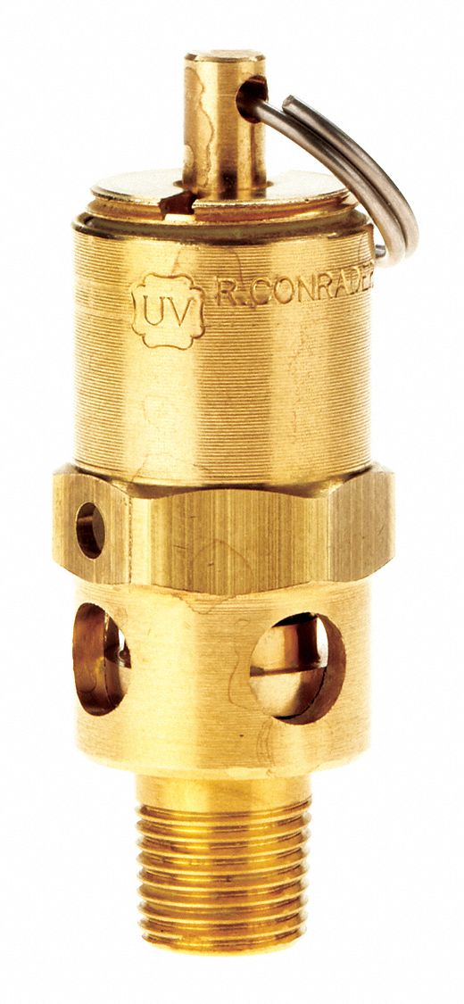 Safety Valve: Hard Seat, 1/8 in (M)NPT Inlet (In.), 1/4 in (F)NPT Outlet (In.), Brass