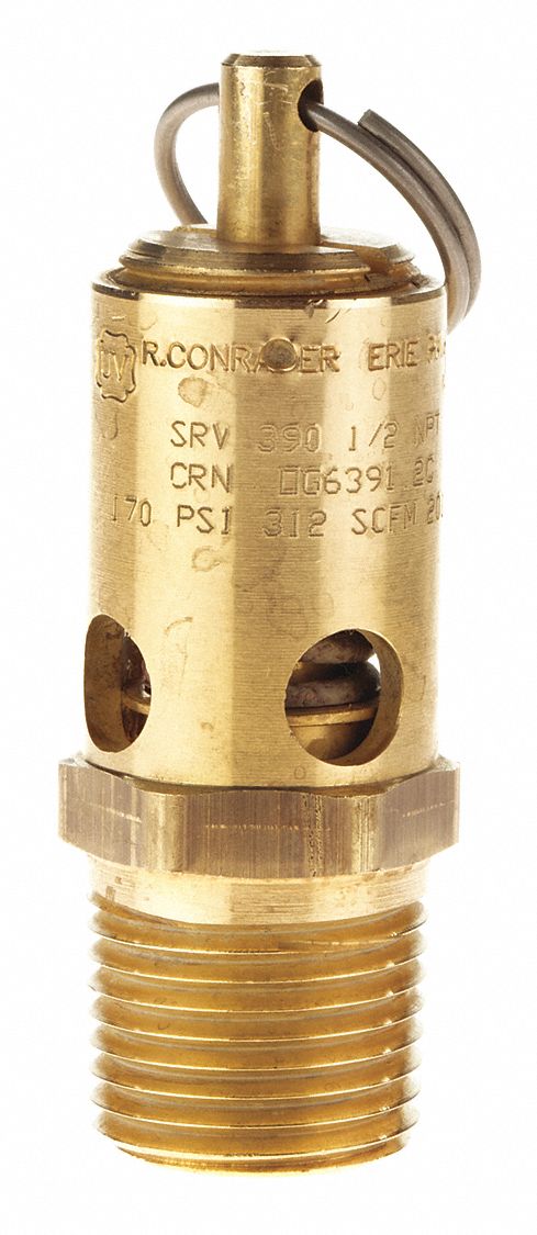 Safety Valve: Soft Seat, 1/2 in (M)NPT Inlet (In.), 1/2 in (F)NPT Outlet (In.), Brass
