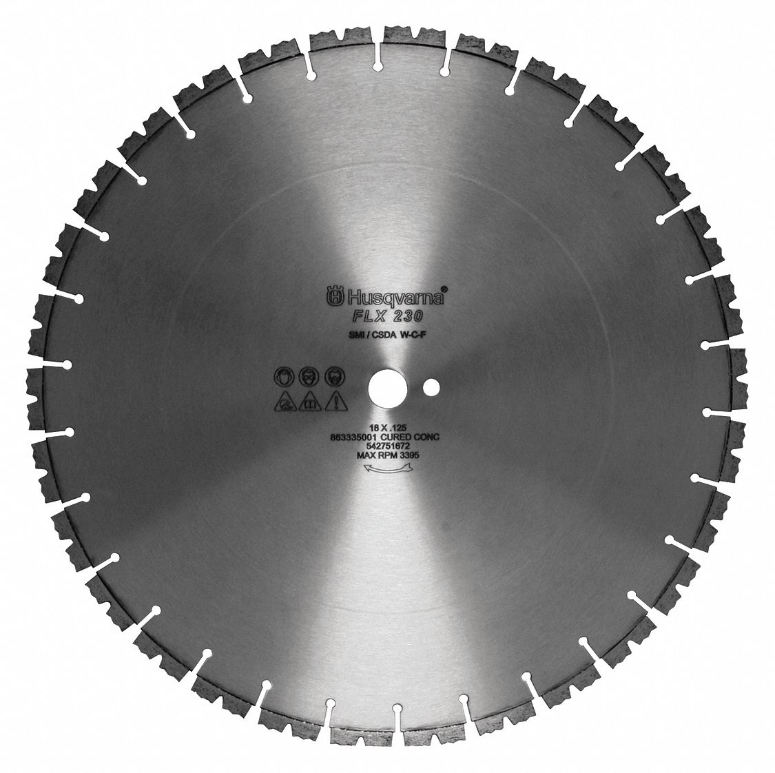 DIAMOND SAW BLADE, SEGMENTED, 18 IN, 1 IN ROUND ARBOUR, WET, 3395 RPM, 50 HP, CONCRETE