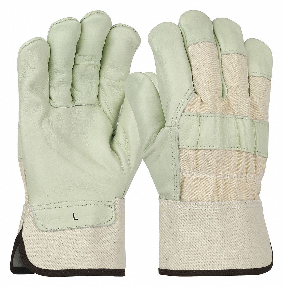 Leather Gloves: L ( 9 ), Cowhide, Premium, Glove, Full Finger, Safety Cuff, Unlined, 12 PK