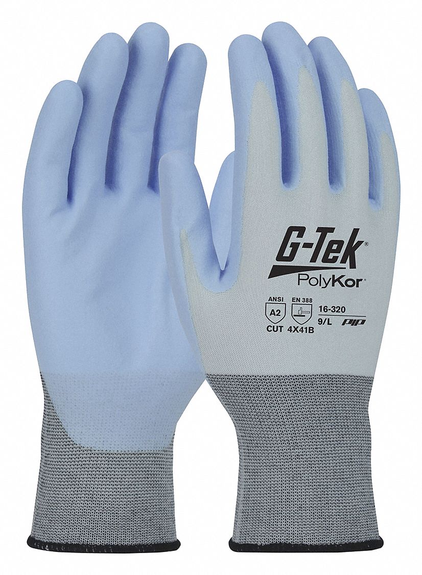 Cut-Resistant Glove: L ( 9 ), ANSI Cut Level A2, Palm, Dipped, Water-Based Polyurethane, 12 PK