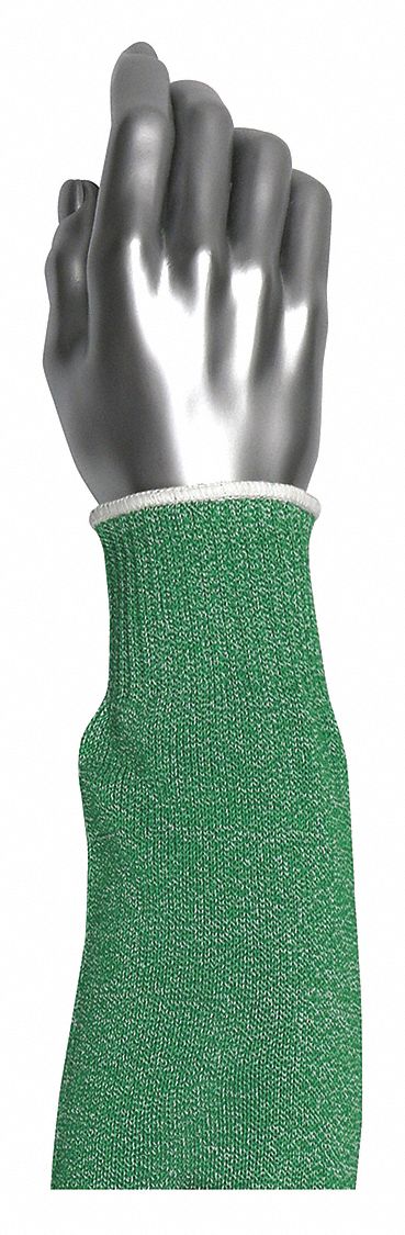 Knit Sleeve: ANSI/ISEA Cut Level A7, Dyneema®, Green, Sleeve, Elastic, 18 in Sleeve Lg