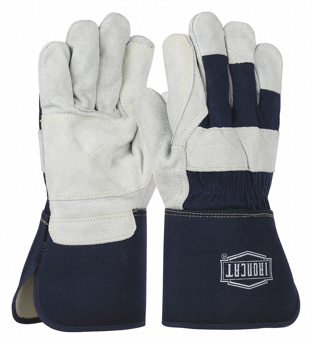 Leather Gloves: L ( 9 ), Double Palm, Cowhide, Premium, Glove, Full Finger, Blue, 12 PK