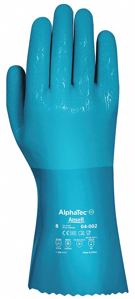 CHEMICAL RESISTANT GLOVES, 12 IN LENGTH, ROUGH, SIZE 10, BLUE, ALPHATEC 04-002