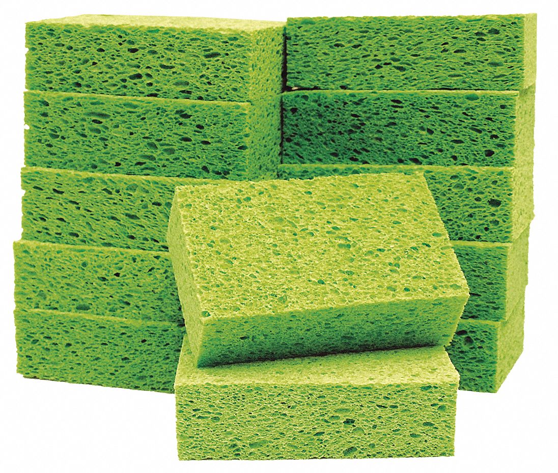 Sponge: Cellulose, 5 3/4 in Lg, 3 5/8 in Wd, 1 3/4 in Ht, Green, 60 PK