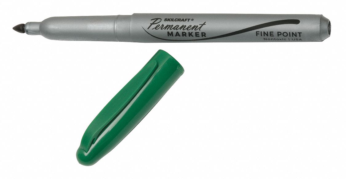 Permanent Marker: Green, Capped, Fine, Permanent Ink, Single Tips, Pen Style, 12 PK