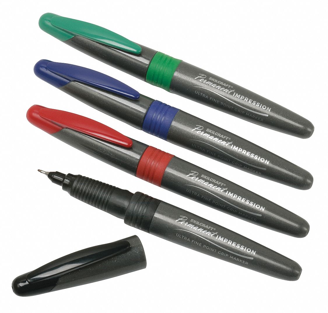 Permanent Marker: Assorted, Black/Blue/Green/Red, Capped, Ultra Fine, Permanent Ink, 4 PK