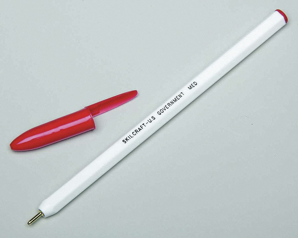 Pen: SKILCRAFT® Stick Pen, Red, 1 mm, Capped, White, No Grip, Plastic, Ballpoint, 12 PK