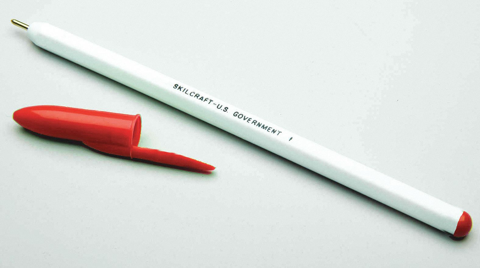 Pen: SKILCRAFT® Stick Pen, Red, 0.5 mm, Capped, White, No Grip, Plastic, Fine, 12 PK
