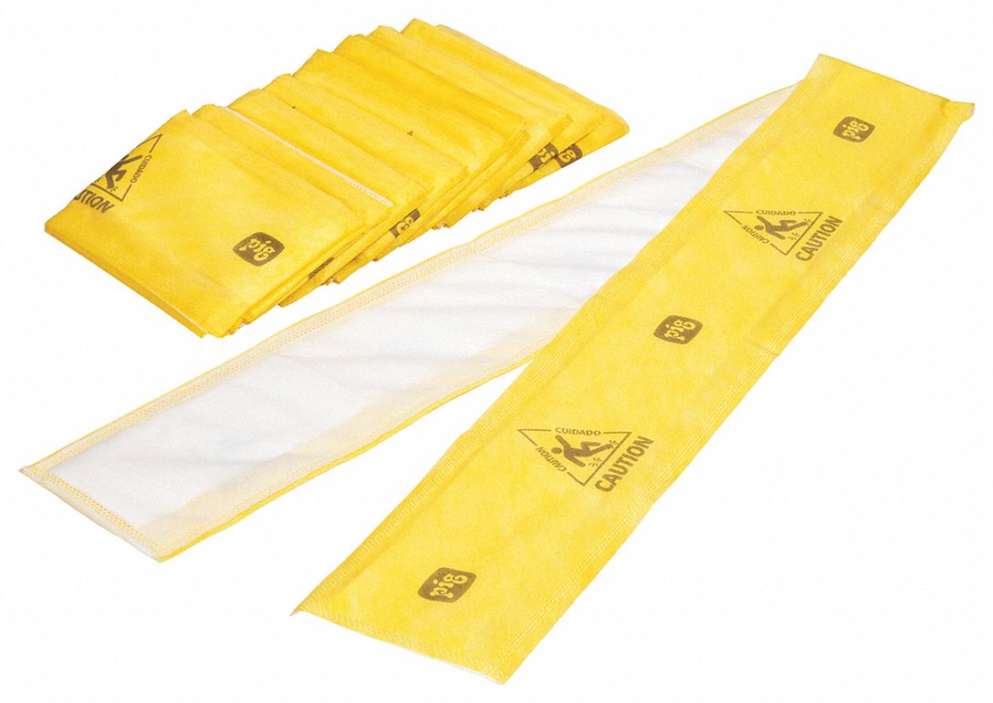 Sorbent Strip: 1 5/16 gal Volume Absorbed Per Pad, 60 in x 5 in Pad Size (L x W), Yellow, 10 PK
