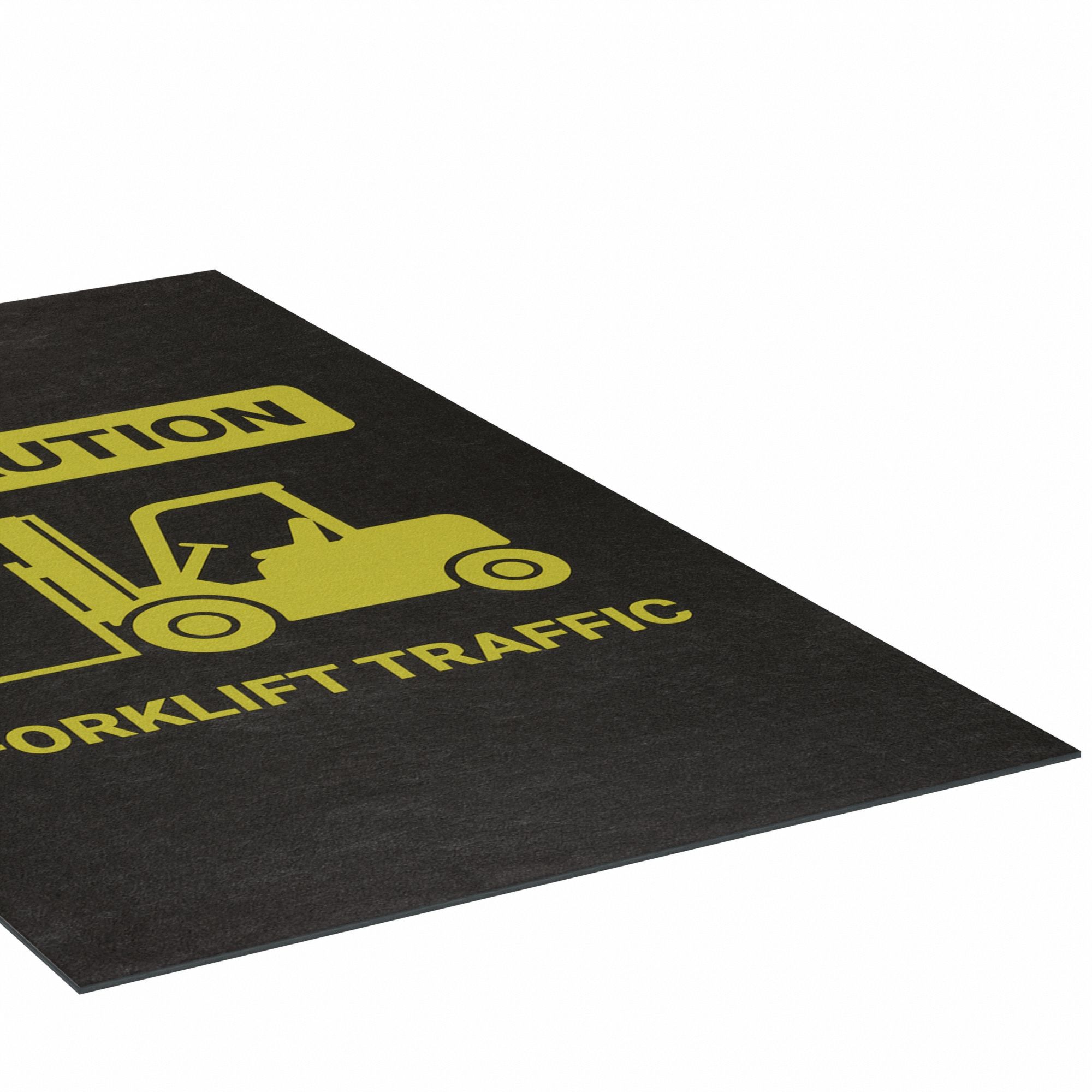 SAFETY MESSAGE MAT W CAUTION FORKLIFT TRAFFIC, OIL-RESIST, BLK, 5 FT X 36 IN, 1/8 IN THICK, PP