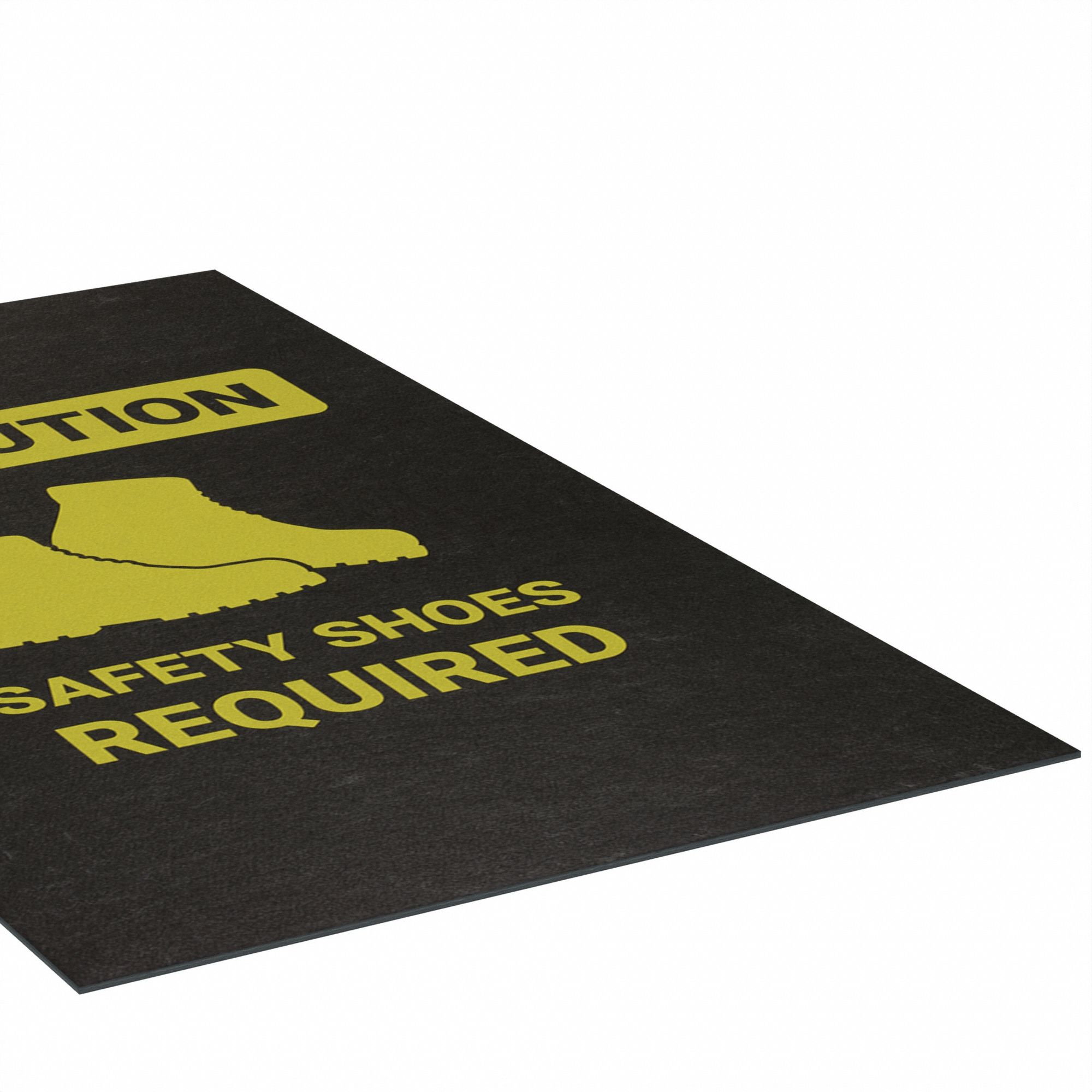 SAFETY MESSAGE MAT W SAFETY SHOES REQUIRED, OIL-RESIST, BLK, 5 FT X 36 IN, 1/8 IN THICK, PP