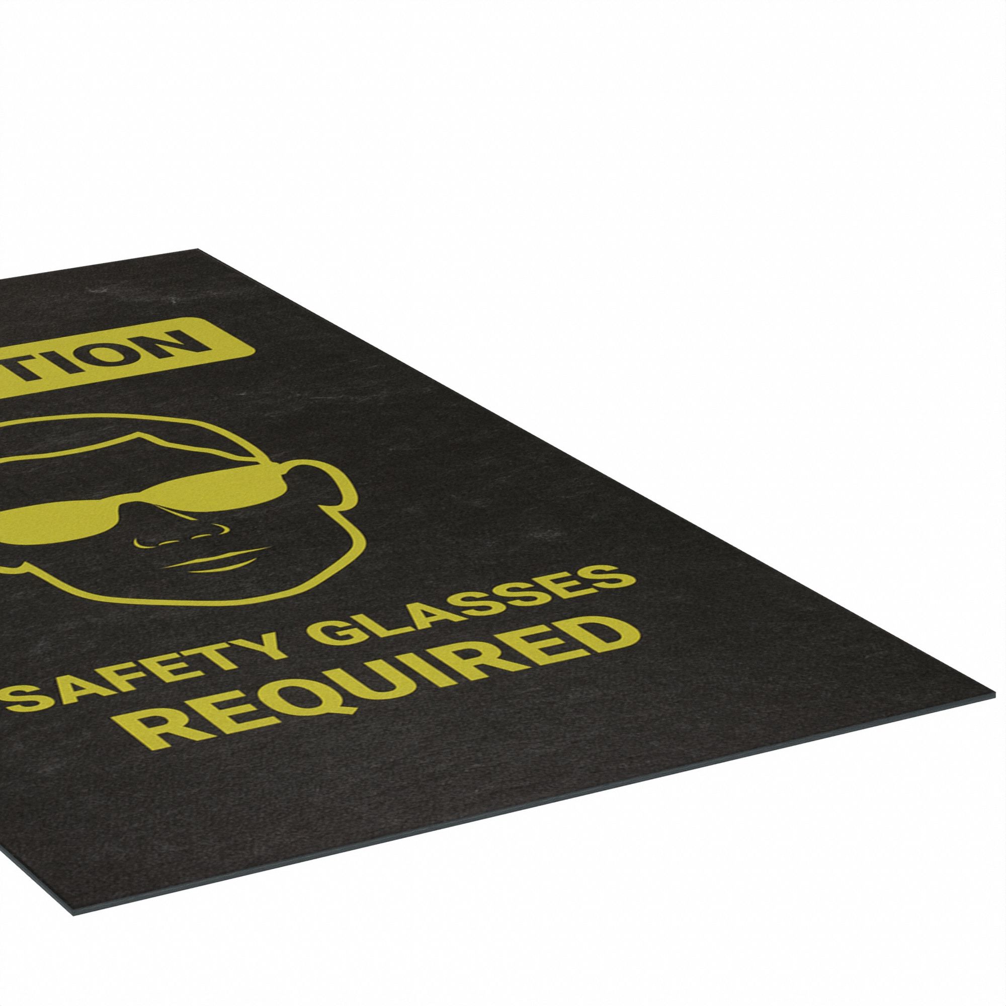 SAFETY MESSAGE MAT W SAFETY GLASSES REQUIRED, OIL-RESIST, BLK, 5 FT X 36 IN, 1/8 IN THICK, PP