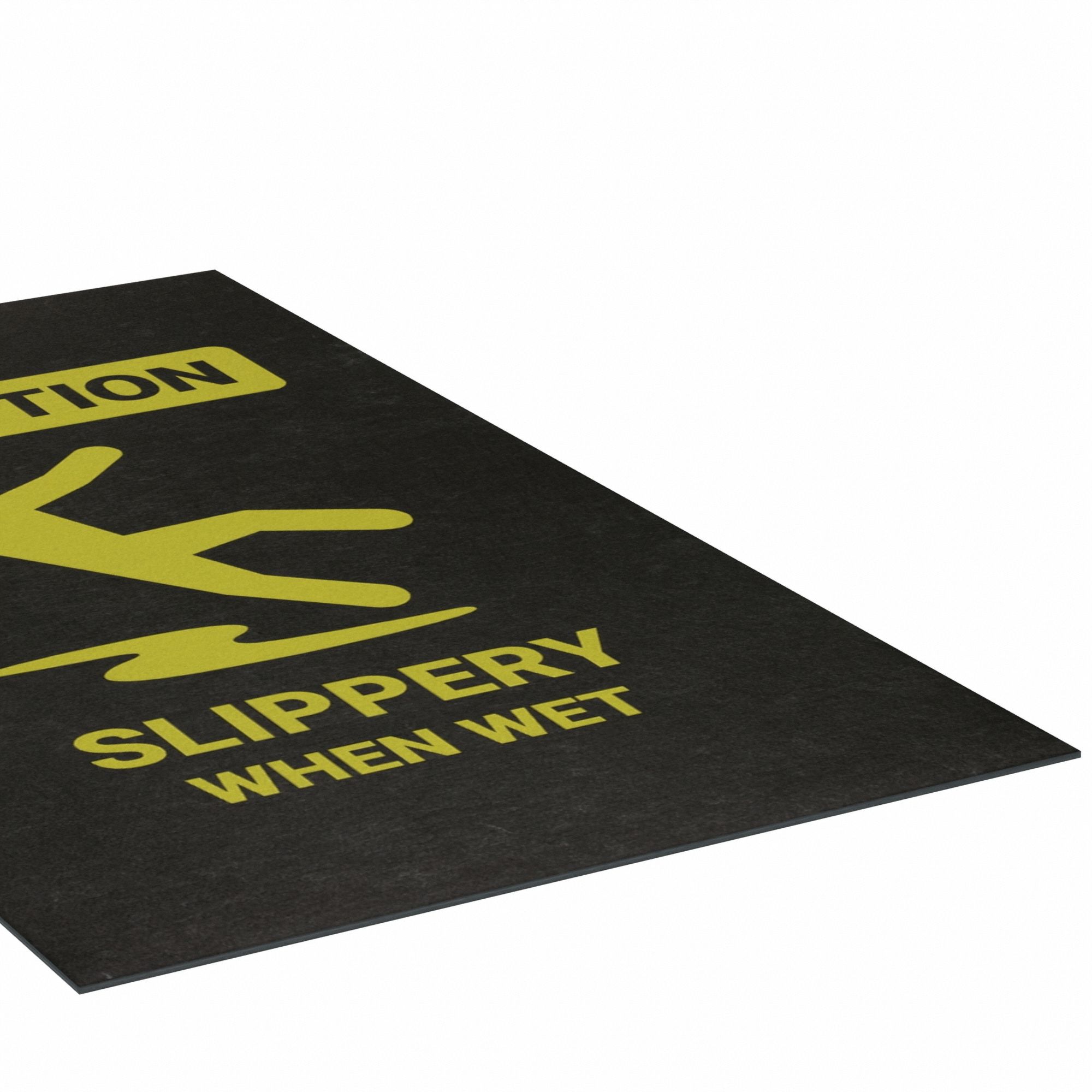 SAFETY MESSAGE MAT W CAUTION SLIPPERY WHEN WET, OIL-RESIST, BLK, 5 FT X 36 IN, 1/8 IN THICK, PP