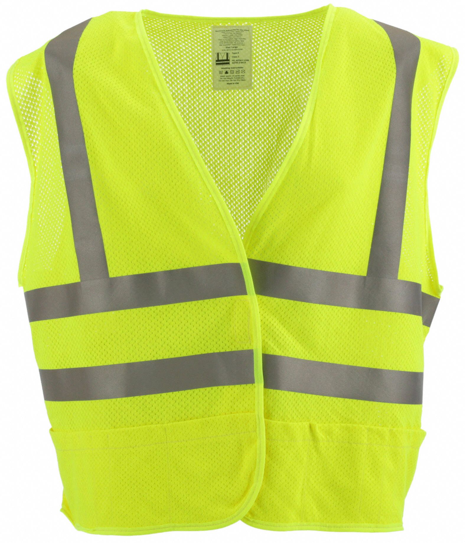 High-Visibility Vest: ANSI Class 2, U, L, Lime, Mesh Modacrylic, Hook-and-Loop, Double