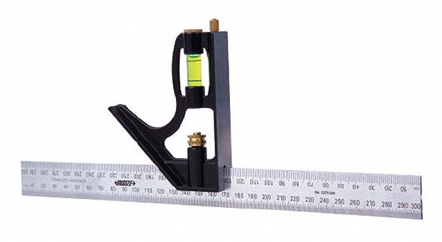 Combination Square: Inch/Metric, Std, Square, Std Stainless Steel, 4 in x 4 in, Brushed, Zinc