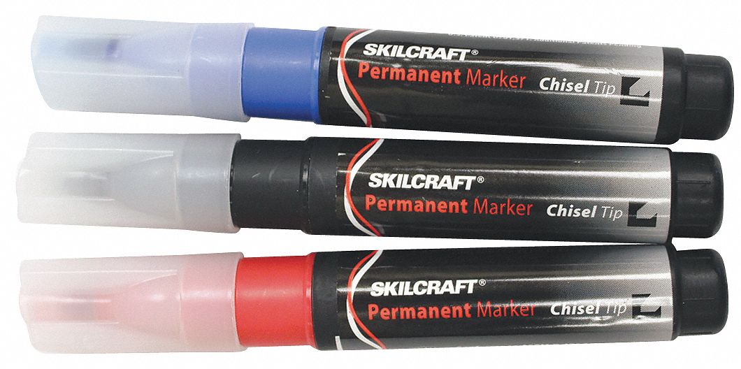 Permanent Marker: Assorted, Black/Blue/Red, Capped, Chisel, Permanent Ink, Std, 3 PK