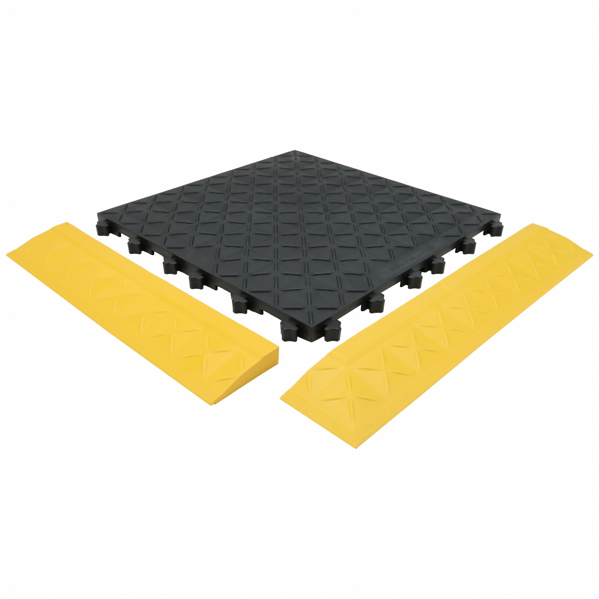 INTERLOCKING MAT, ERGO ADVNTG, ANTIFATIGUE, MALE/FEMLE, BLK/YLW, 5 FT X 3 FT 8 IN X 1 IN, VINYL