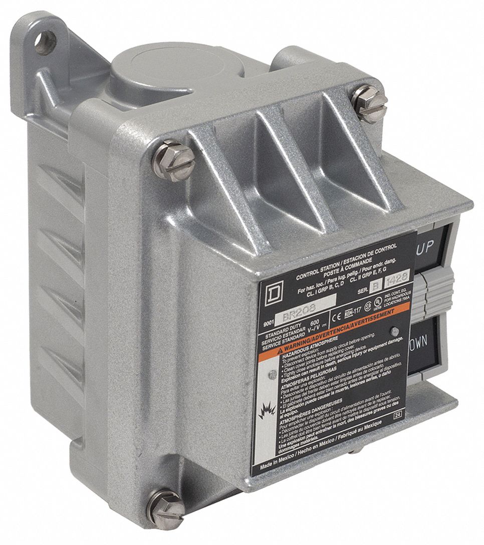 Control Station: 1 Gang, (2) Push Buttons, 2NO, Forward/Reverse, 0 Pilot Lights, 1/2 in