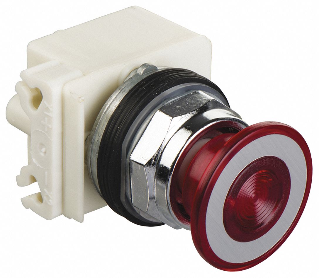 Mushroom Head Push Button: Red, 30 mm Mounting Size, Metallic, Maintained