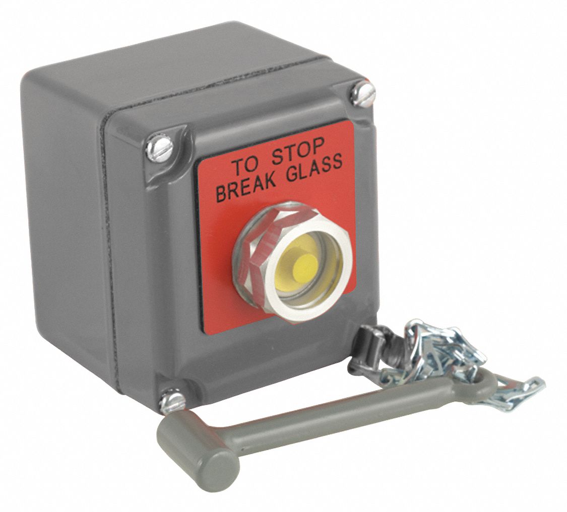Control Station: Push Button, 0 Pilot Lights, 1NO/1NC, To Stop Break Glass