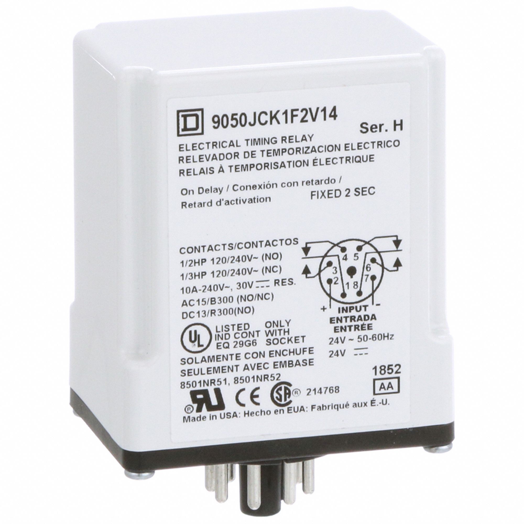 Time Delay Relay: Socket Mounted, 24V AC/DC, 10 A, 8 Pins/Terminals, 0.1 sec – 2 sec